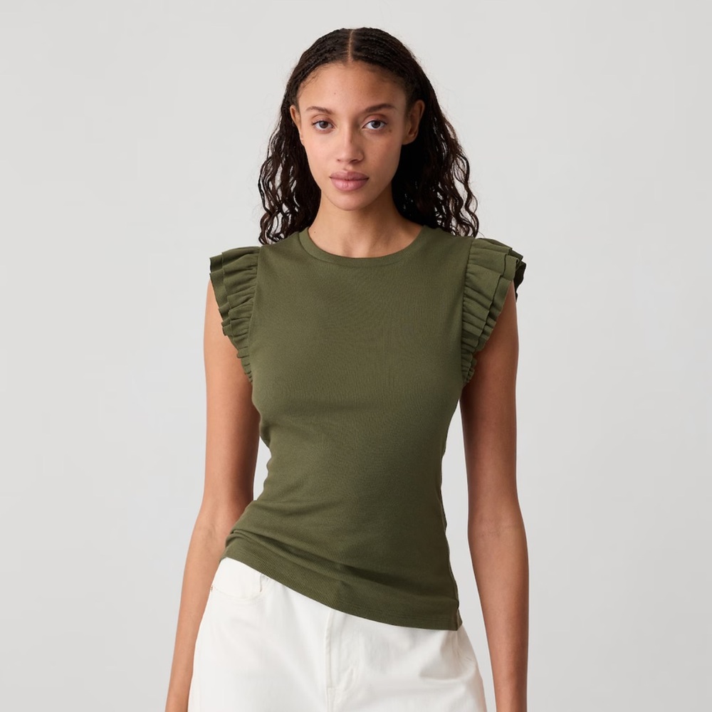 The color is Olive Night. Soft ribbed knit,short flutter sleeves, crewneck